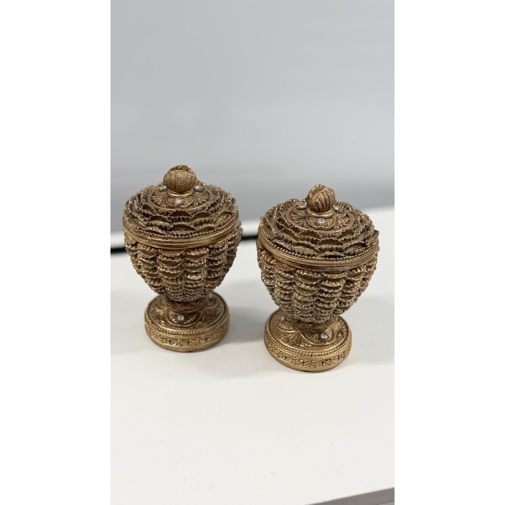 Vintage Style Gold Ornate Textured Urn Set with Rhinestone Accents 2pc